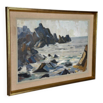 Original Mid Century Swedish Oil On Canvas – Coastal View, Grundsund By Carl Gunne – Vintage & Framed