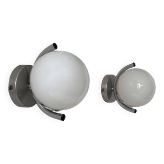 Pair of vintage wall lights, chromed metal and opaline glass, France, 1970