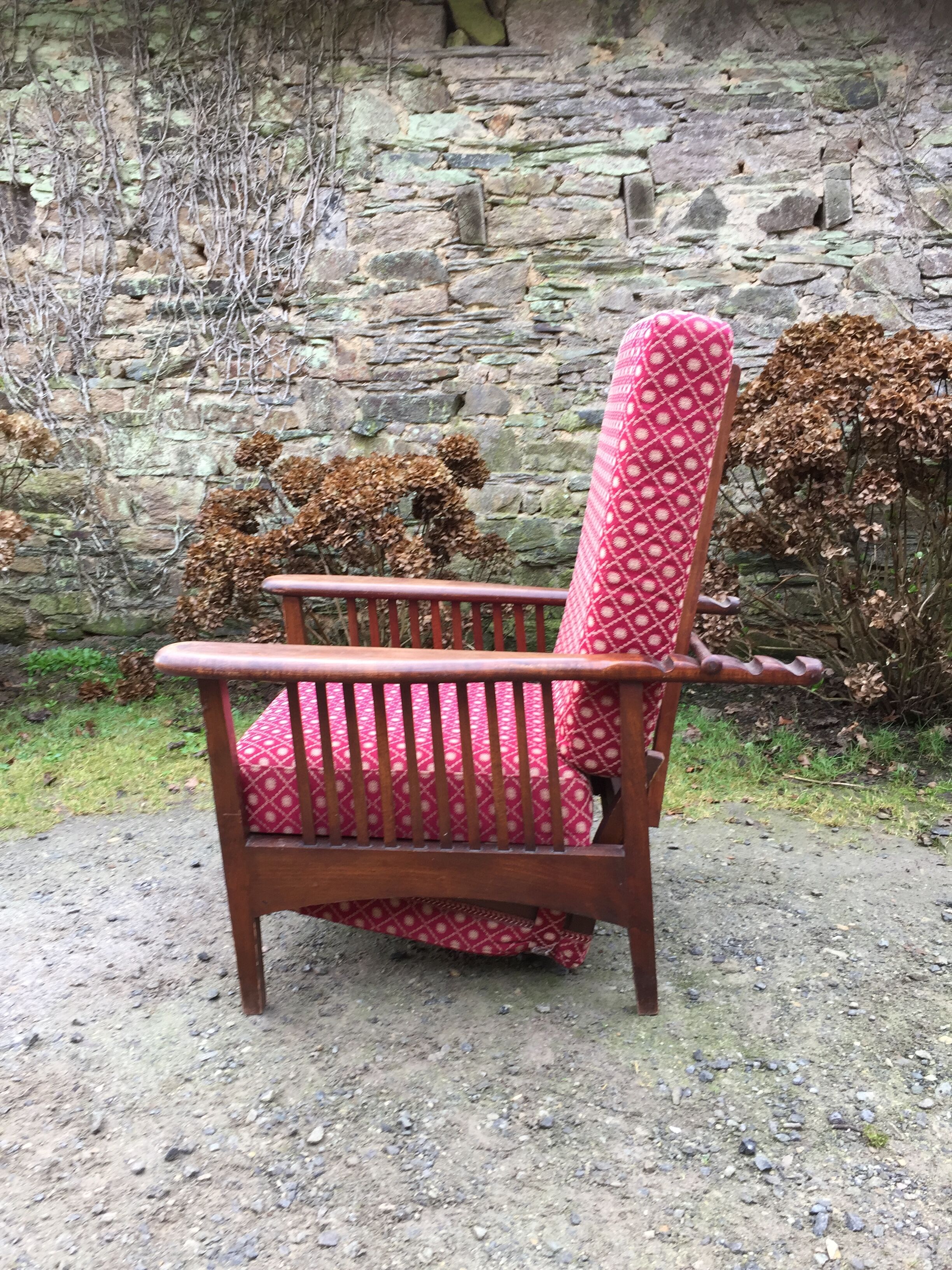 Vintage morris armchair in beech and fabric bordeaux napoleon iii