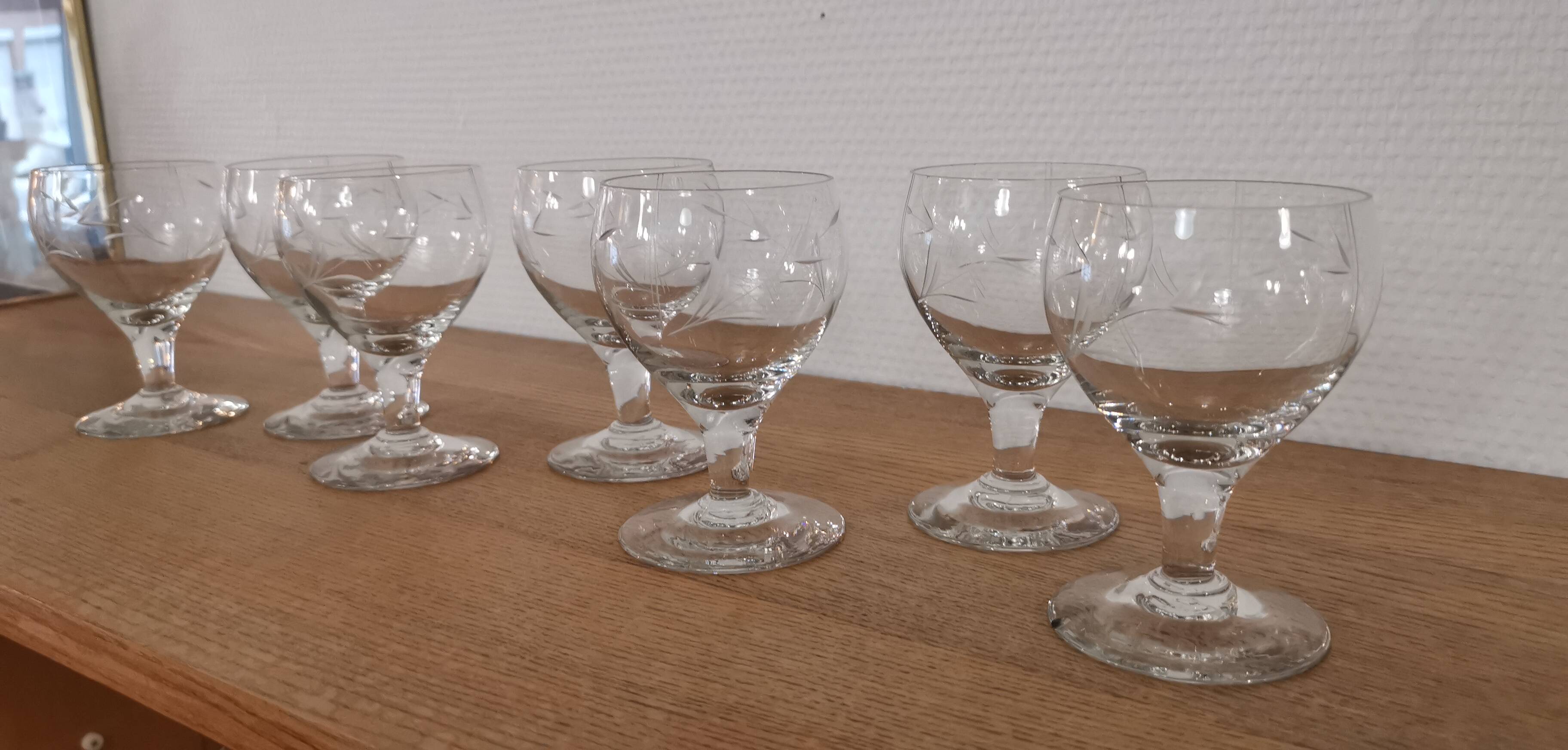 Set of 7 finely engraved vintage wine glasses