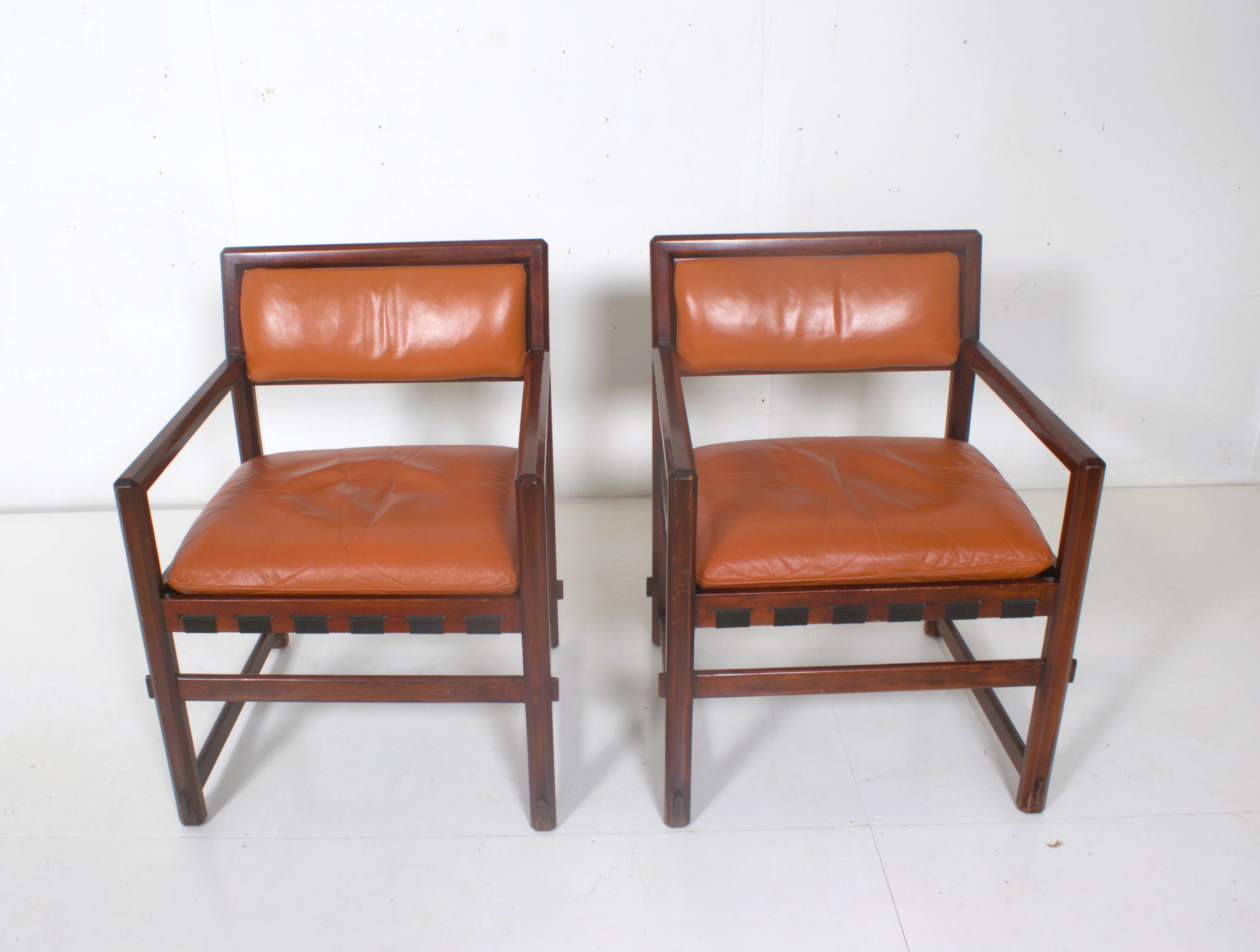 Pair of small leather dining seats or chairs by Edward Wormley