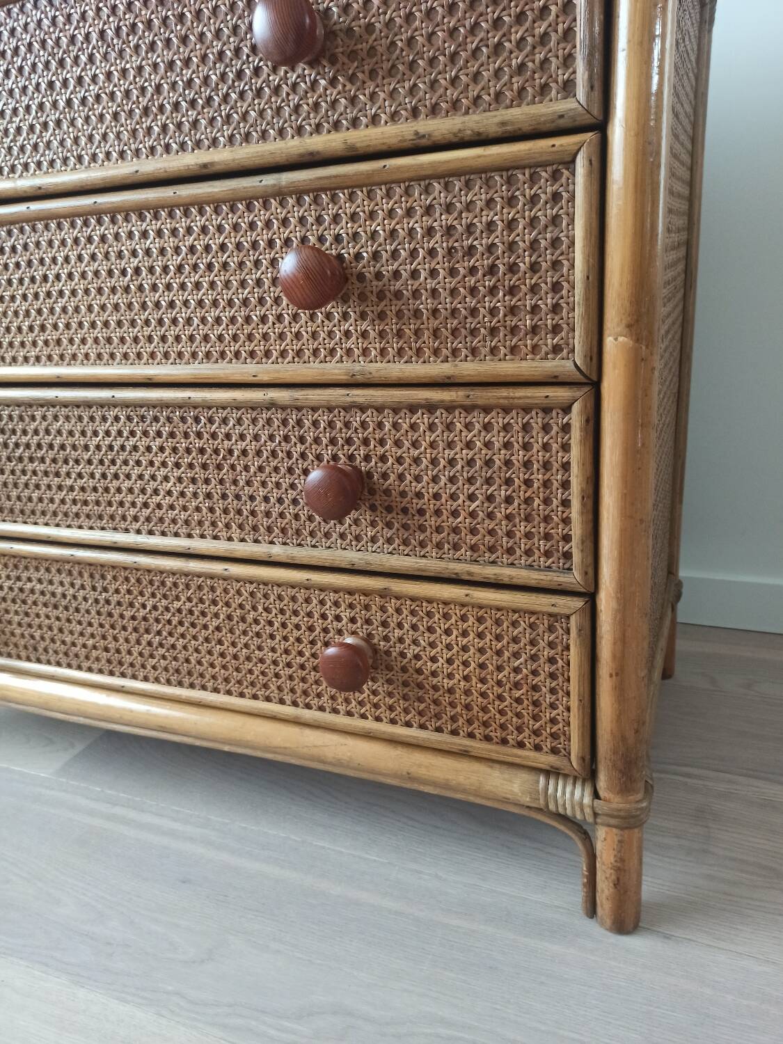 Bamboo and rattan chest of drawers, 70's