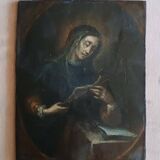 Ancien tableau sur bois représentant un saint portant un crucifix, école italienne du XVe siècle