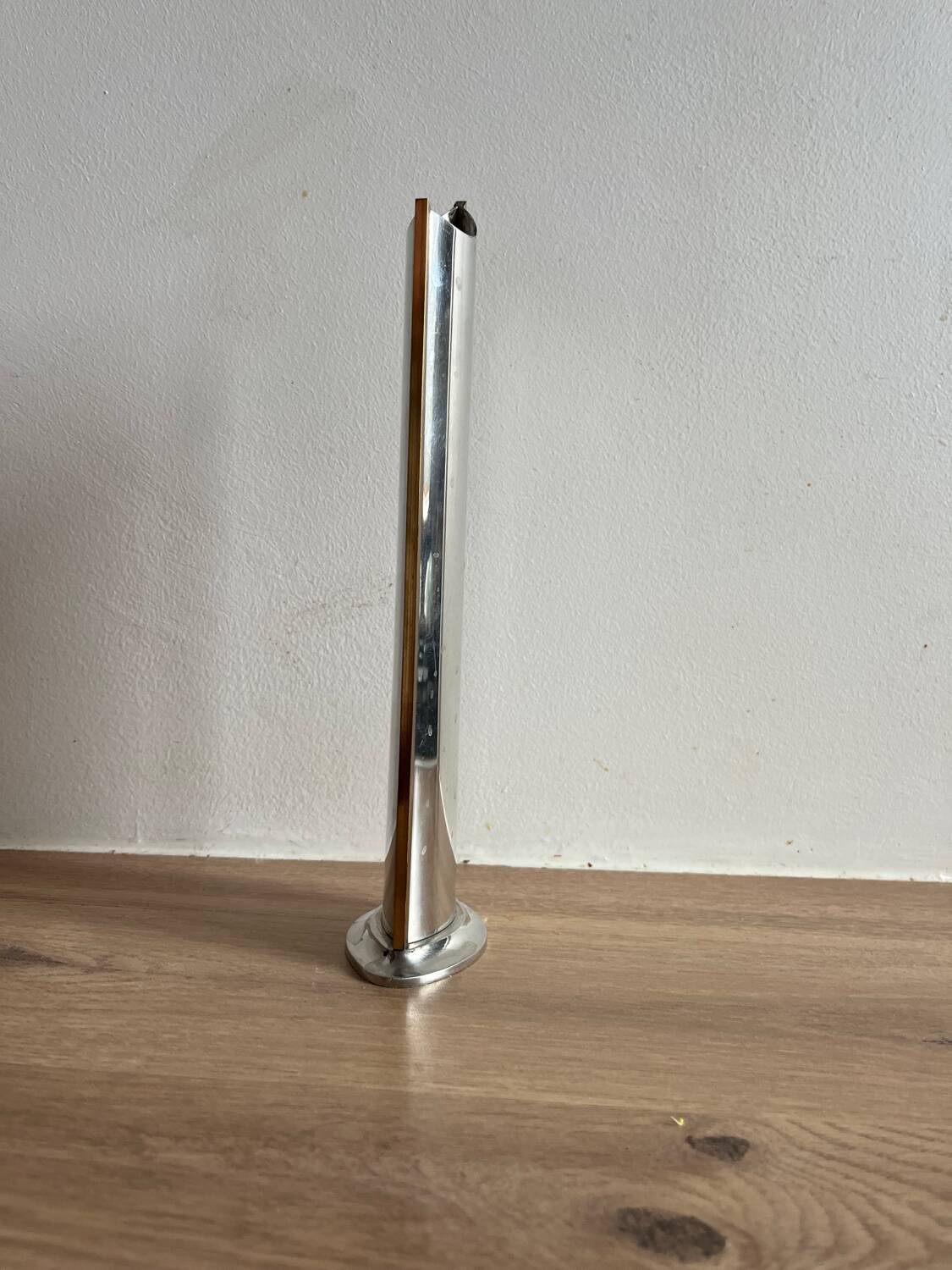 Chrome-plated pewter and brass soliflore vase representing a turbine blade