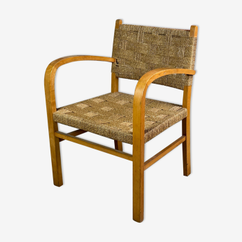 Fauteuil néerlandais corde et bois Vroom & Dreesman vintage 1960