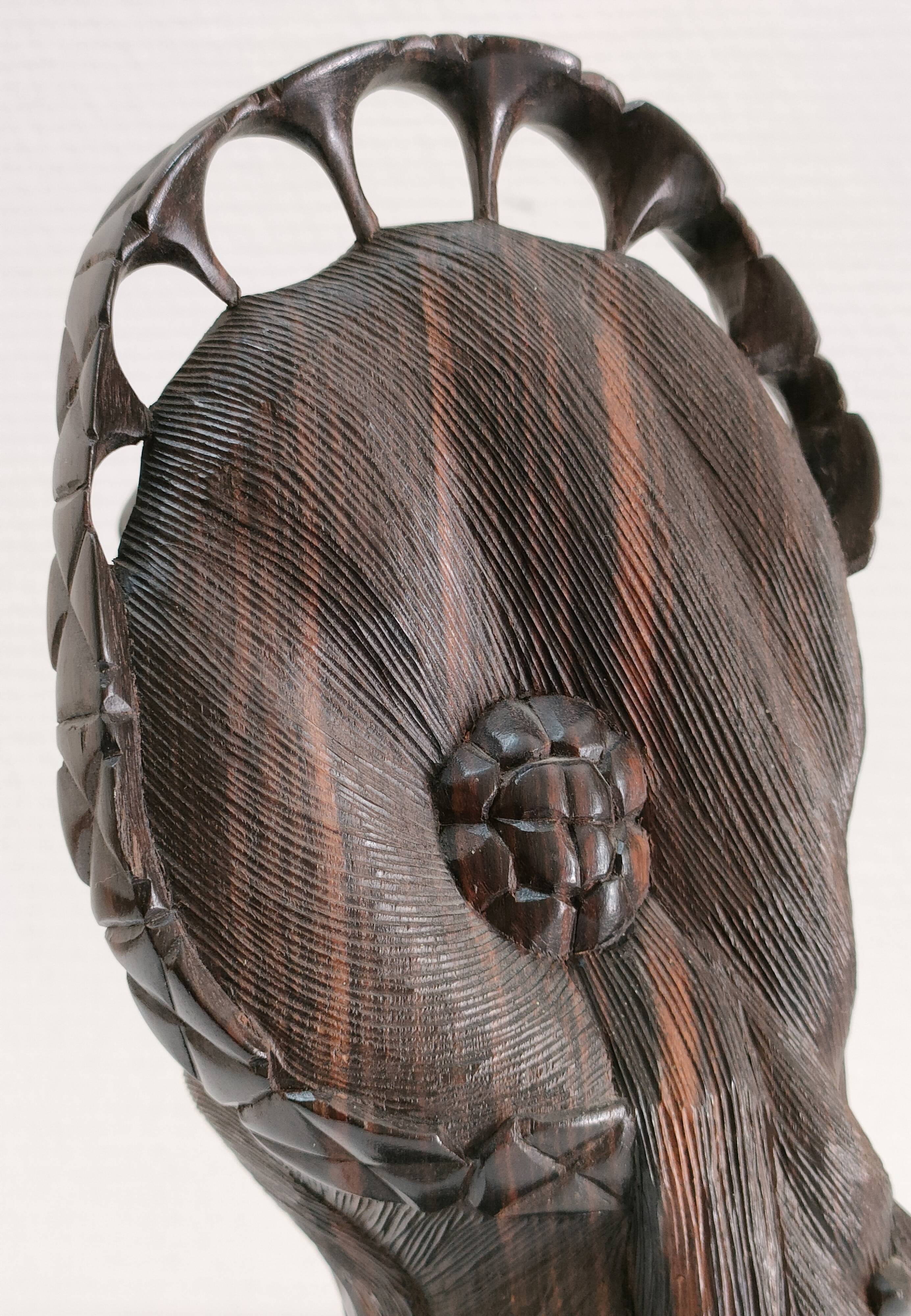 Wooden bust of woman with floral headdress sculptural work of the 60s-70s