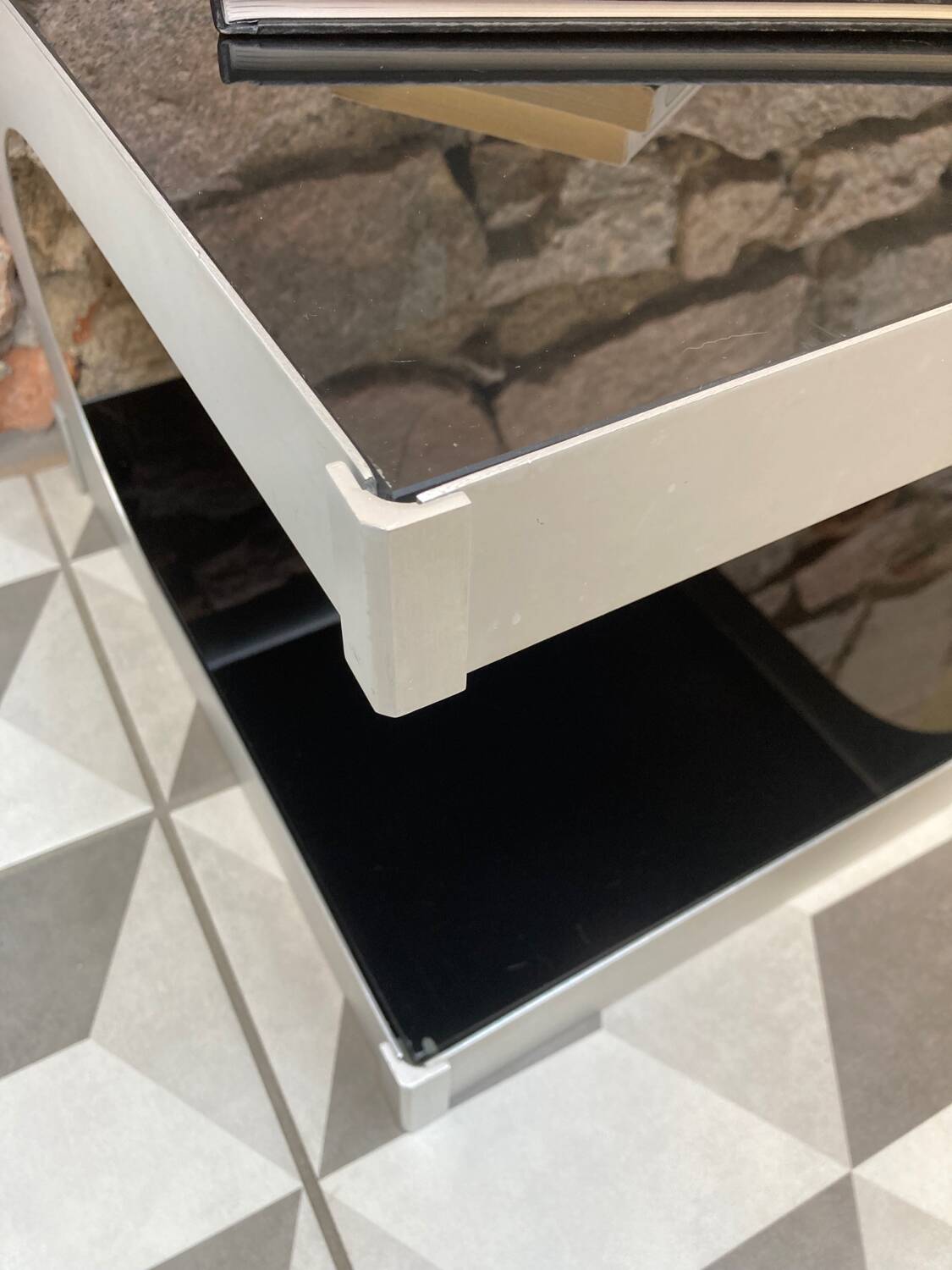 70s aluminum and glass side table