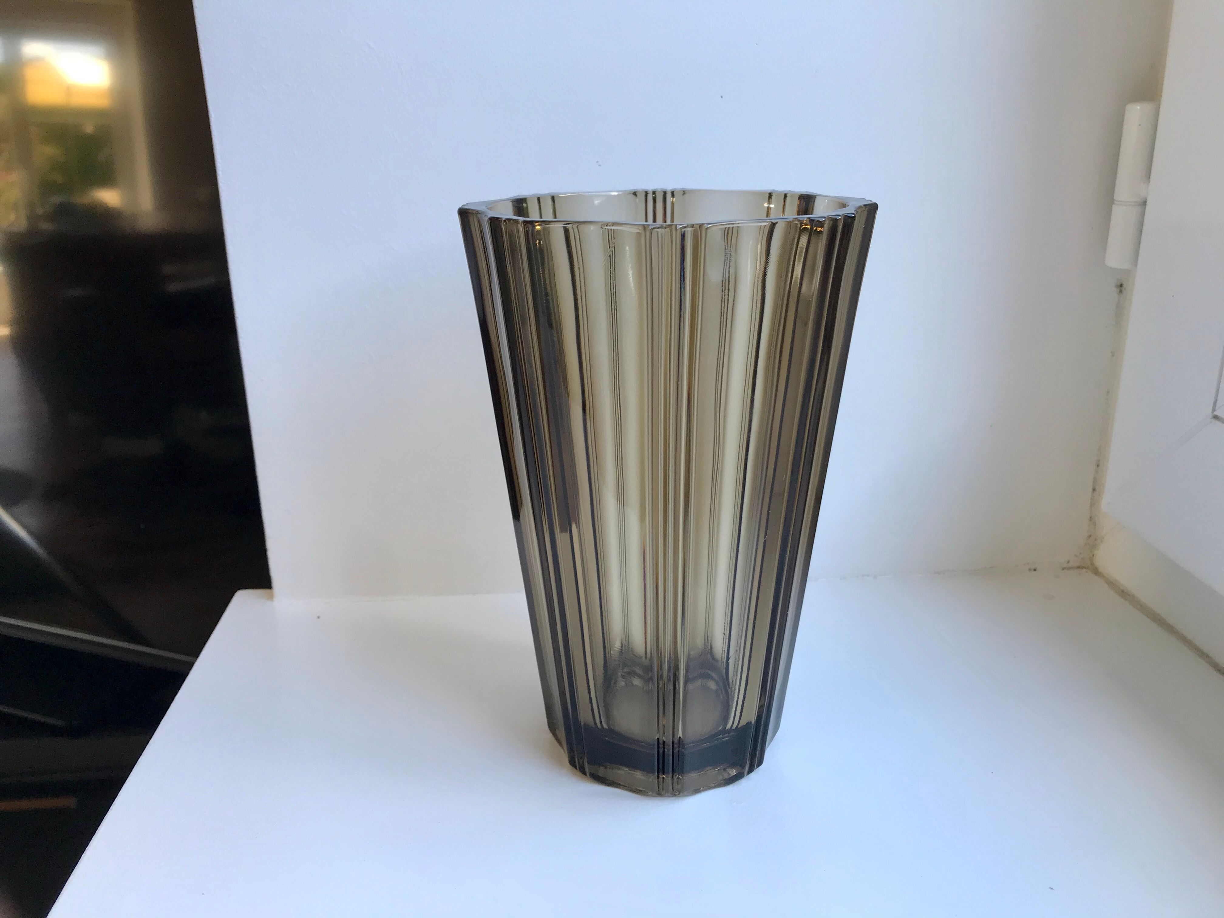 Vase in smoked glass pleated 70s