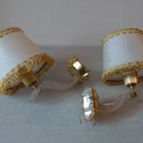 Pair of old electric plastic sheet sconces and vintage lampshades