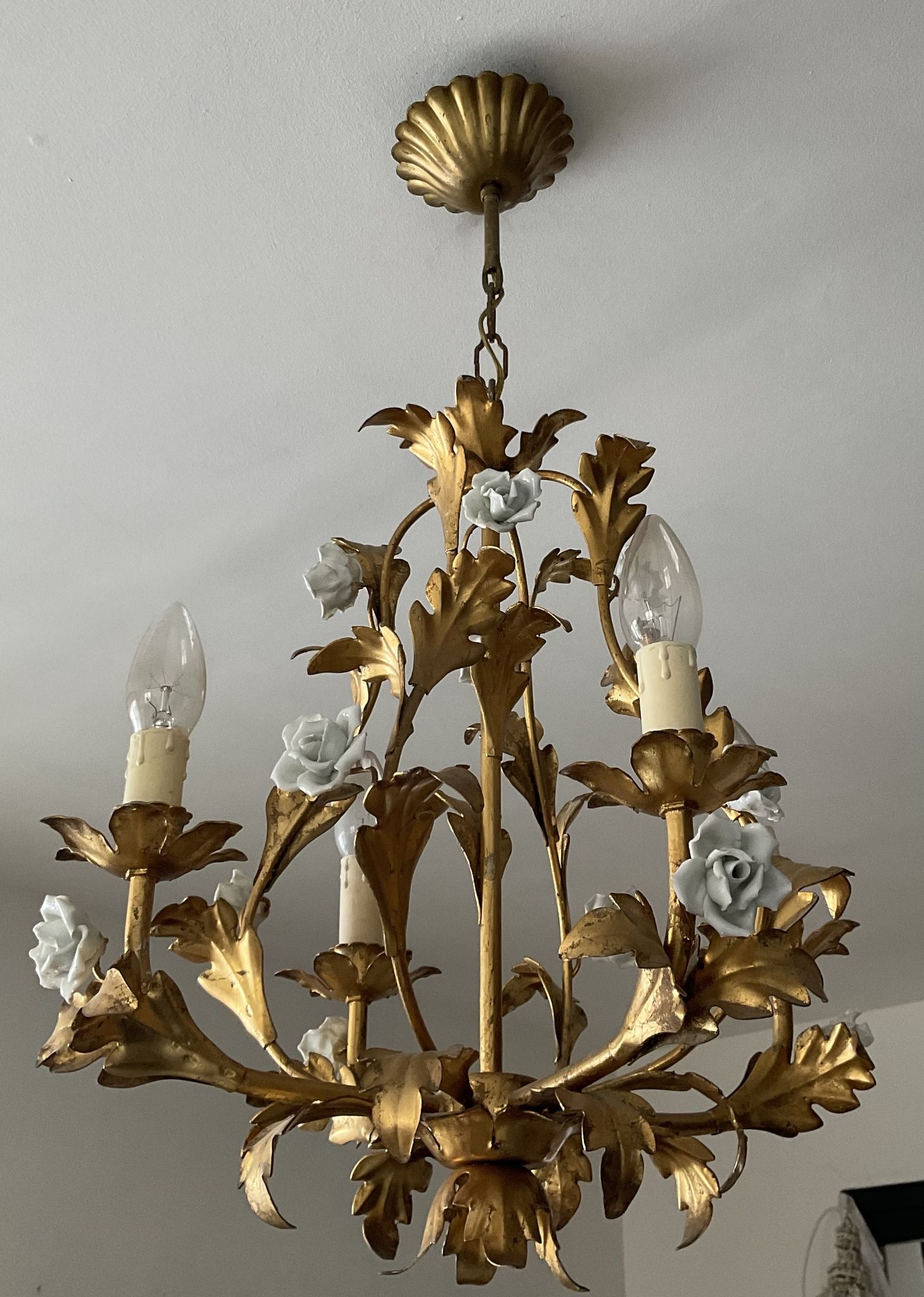 Italian cage chandelier golden leaves and porcelain flowers
