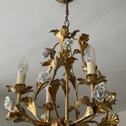 Italian cage chandelier golden leaves and porcelain flowers