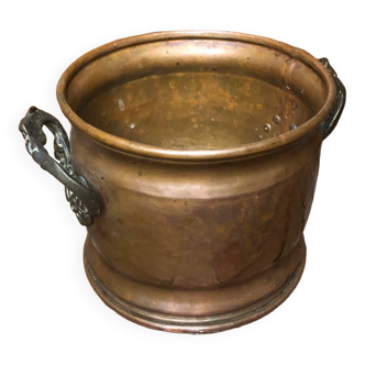 Ancien pot en cuivre + anses laiton vintage #a531