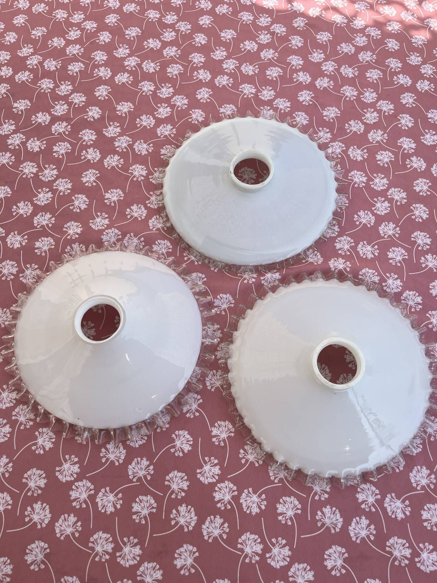Set of 3 white opaline pendant lamps with scalloped collar.