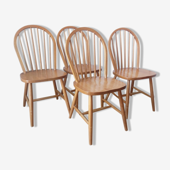 Set de 4 chaises Windsor en pin massif, bois naturel, 1960