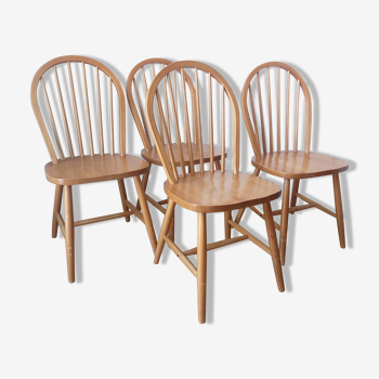 Set of 4 Windsor chairs in solid pine, natural wood, 1960s