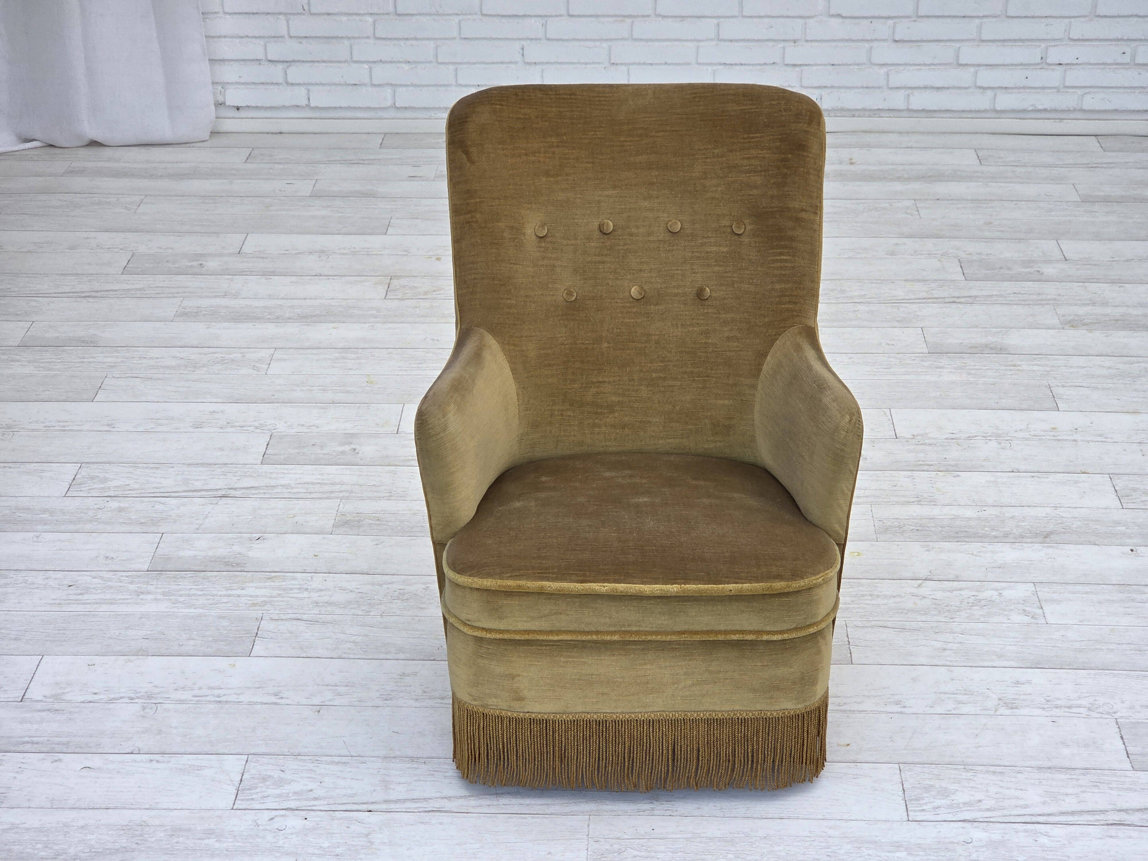 1970s, Danish highback back armchair, light green furniture velour.
