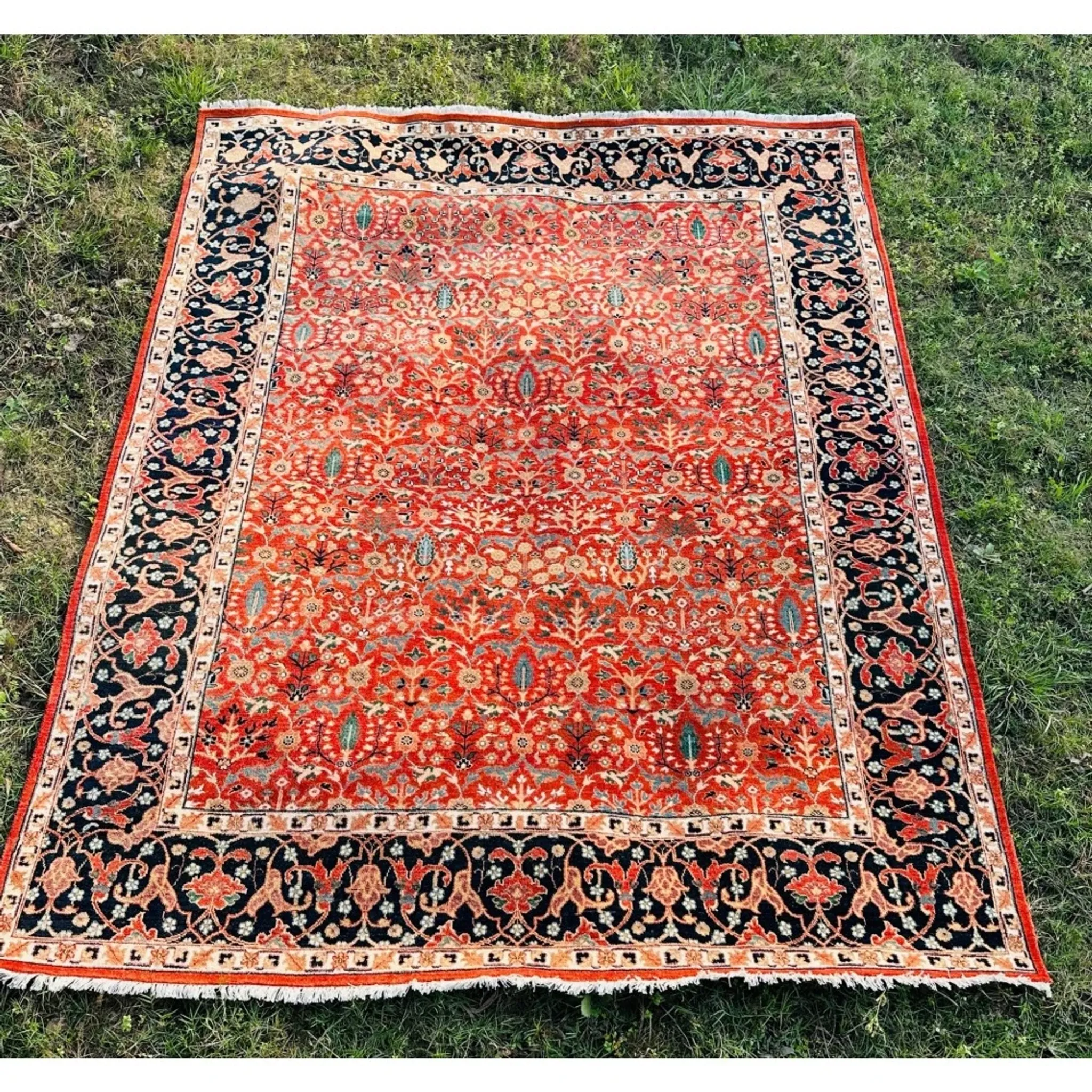 Hand-Knotted Area Rug with Floral Design, Red Wool Carpet for Living Room