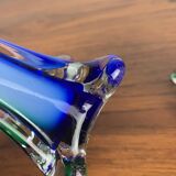Duo de soliflores en verre soufflé de style Murano, vert et bleu