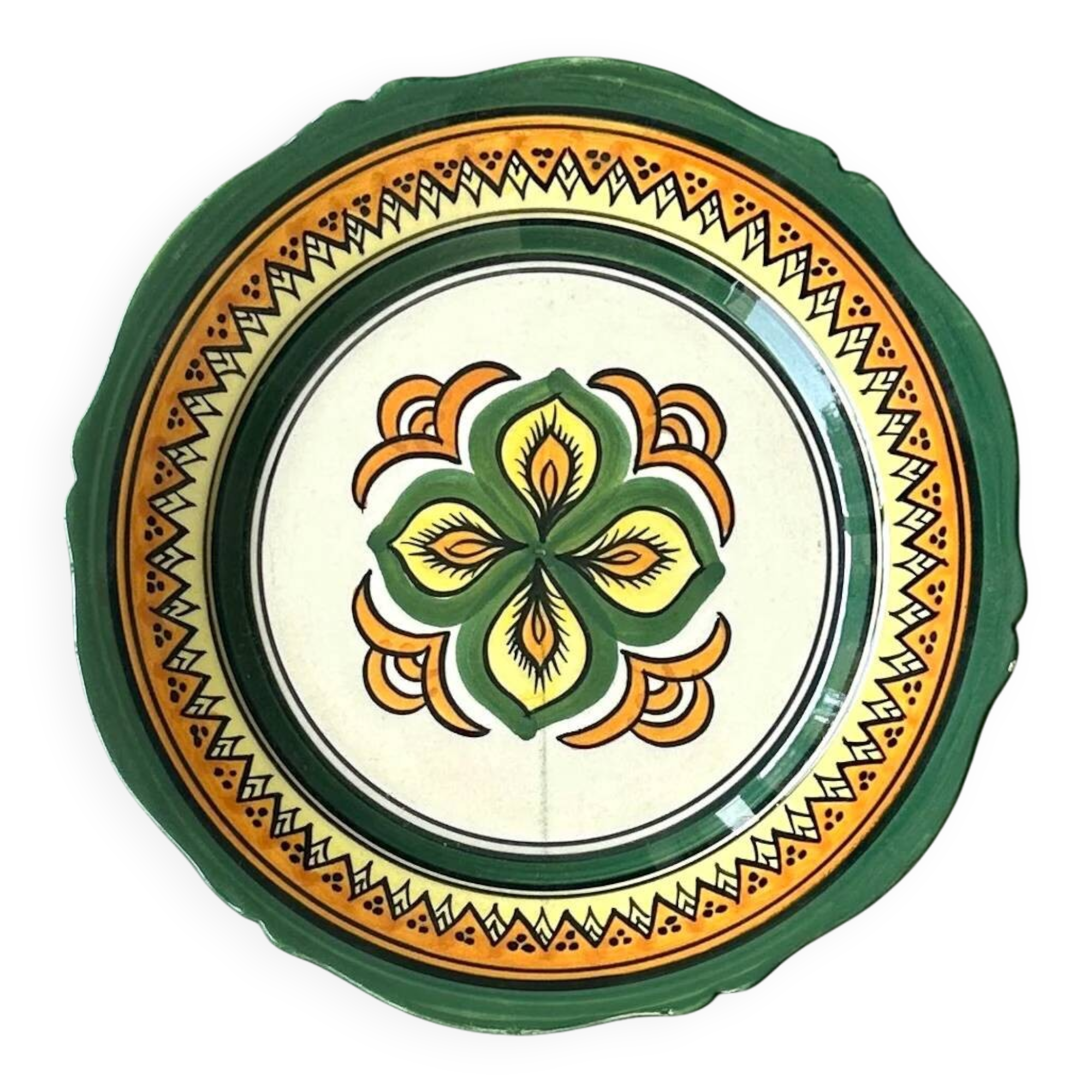 Henriot Quimper Breton earthenware plate – green-yellow-orange geometric pattern – Ø 24 cm