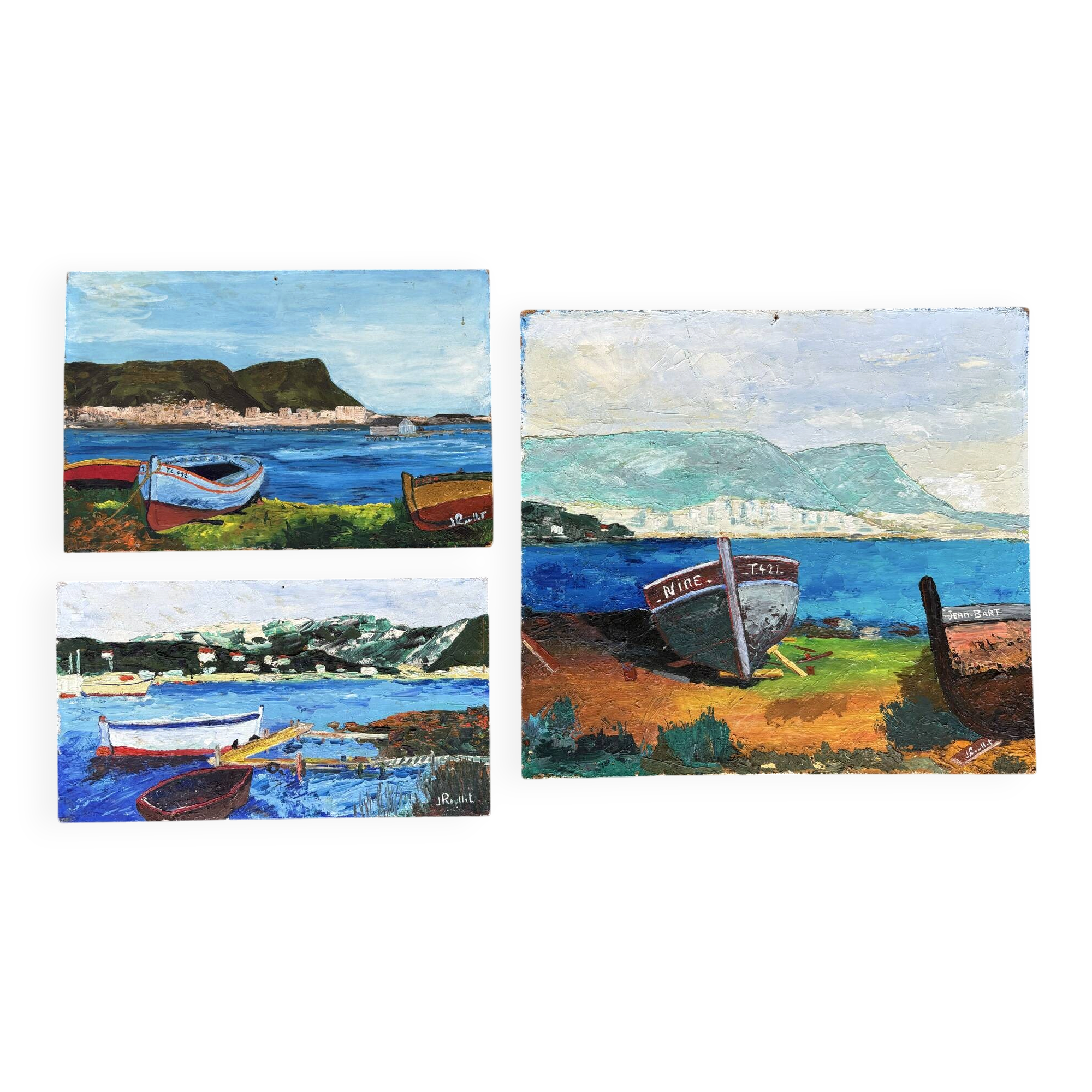 Suite de 3 huiles sur panneaux - paysages marins