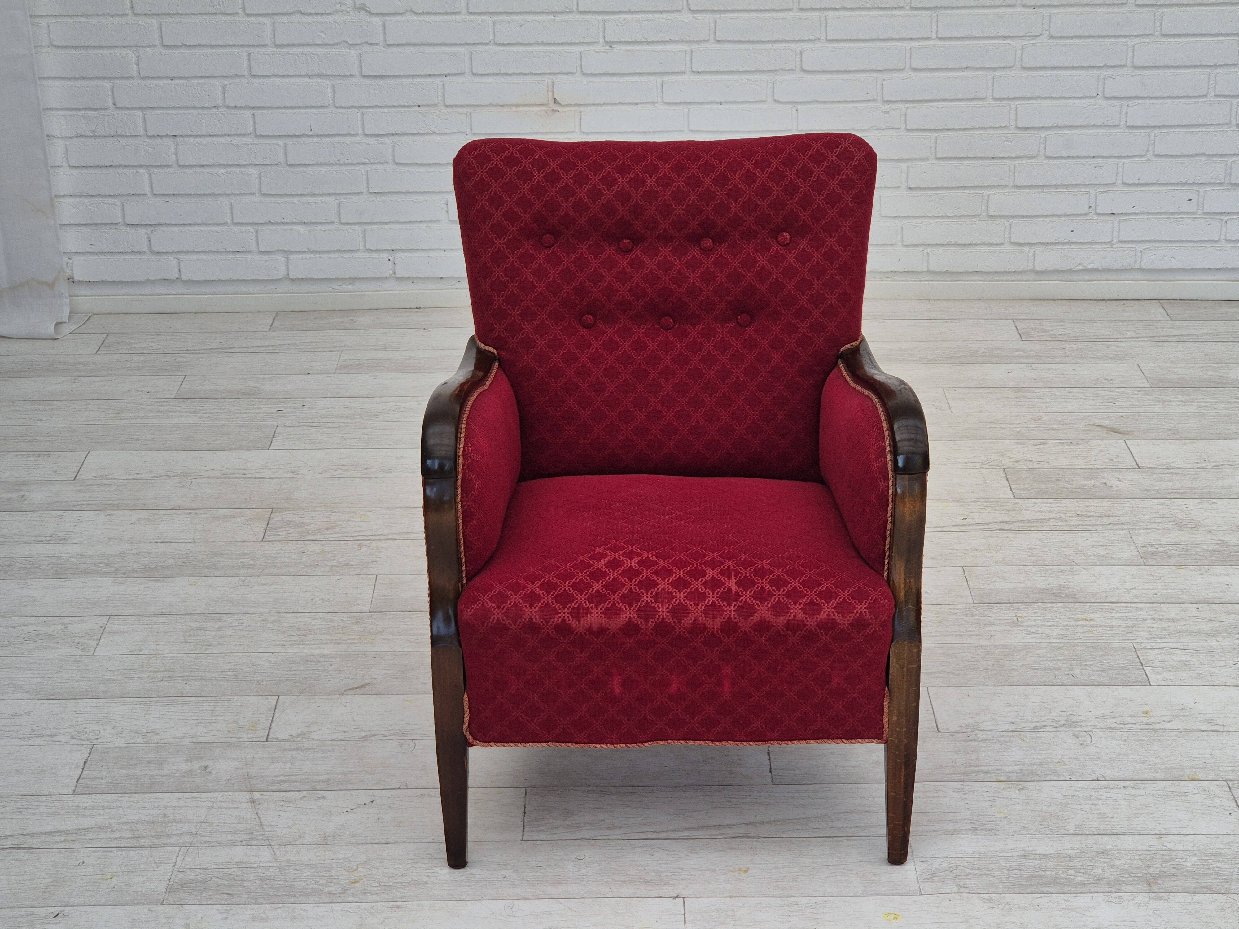 1950s, Danish design, armchair, original condition, red cotton-wool fabric.