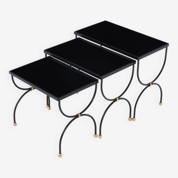 Nesting tables metal brass black opaline glass 1960