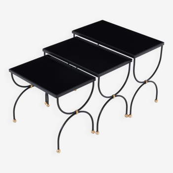 Tables gigognes metal laiton verre opalin noir 1960