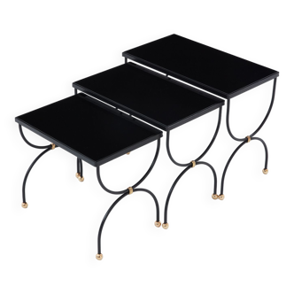 Nesting tables metal brass black opaline glass 1960