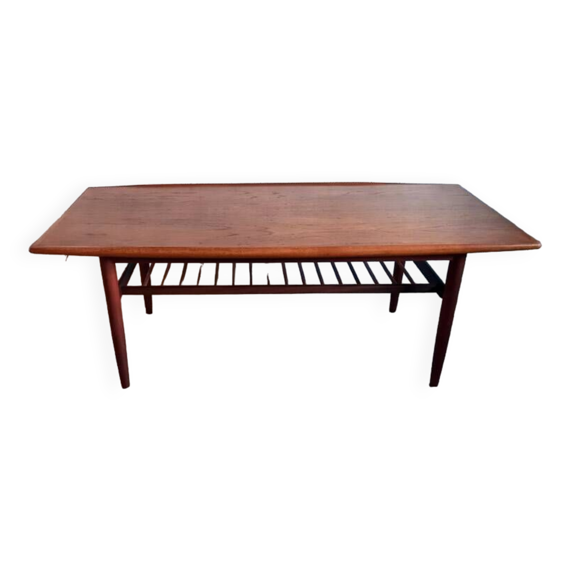 Danish 1960s teak coffee table with slatted shelf.