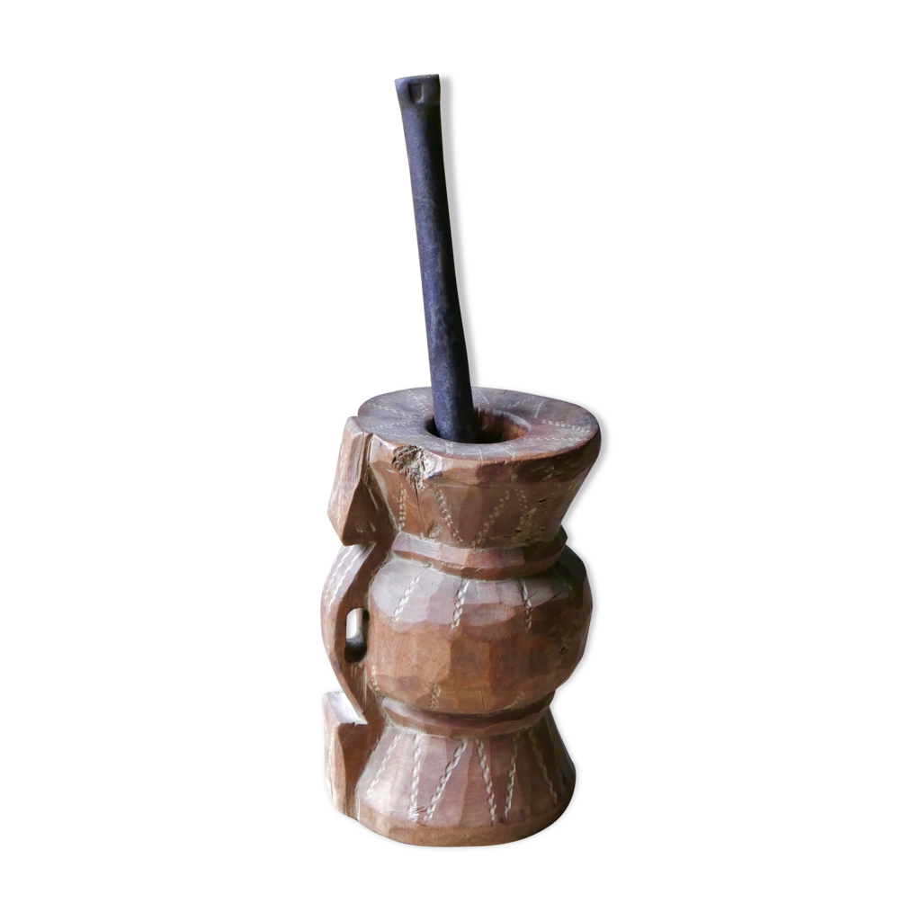 Mortier Et Pilon En Bois Sculpté Double Visage – Motifs étoiles – Fait Main