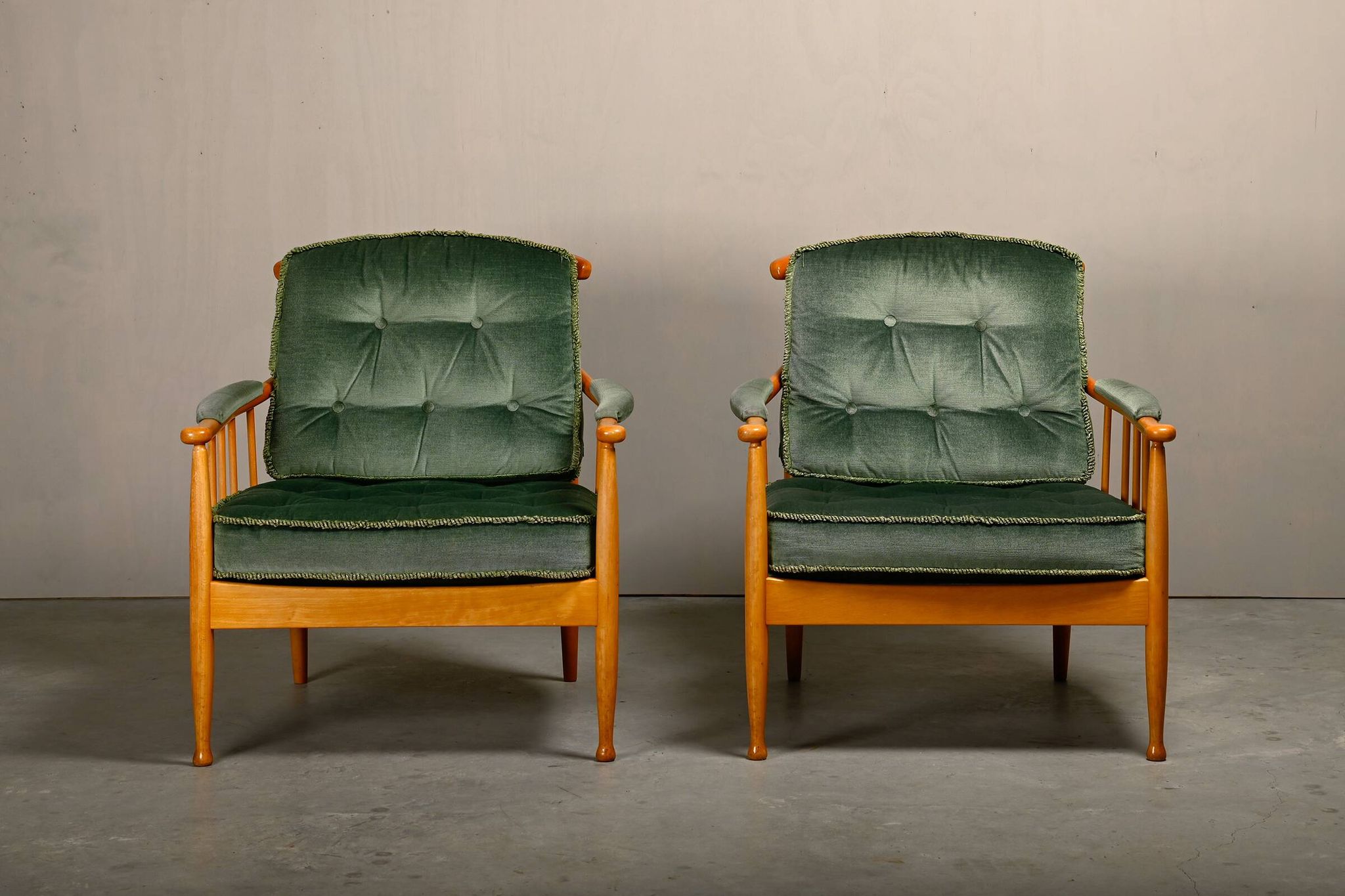 Kerstin Hörlin-Homquist Skrindan Armchairs in Beech and Green Velvet, Swede