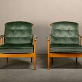 Fauteuils Skrindan en hêtre et velours vert, par Kerstin Hörlin-Homquist, Suède