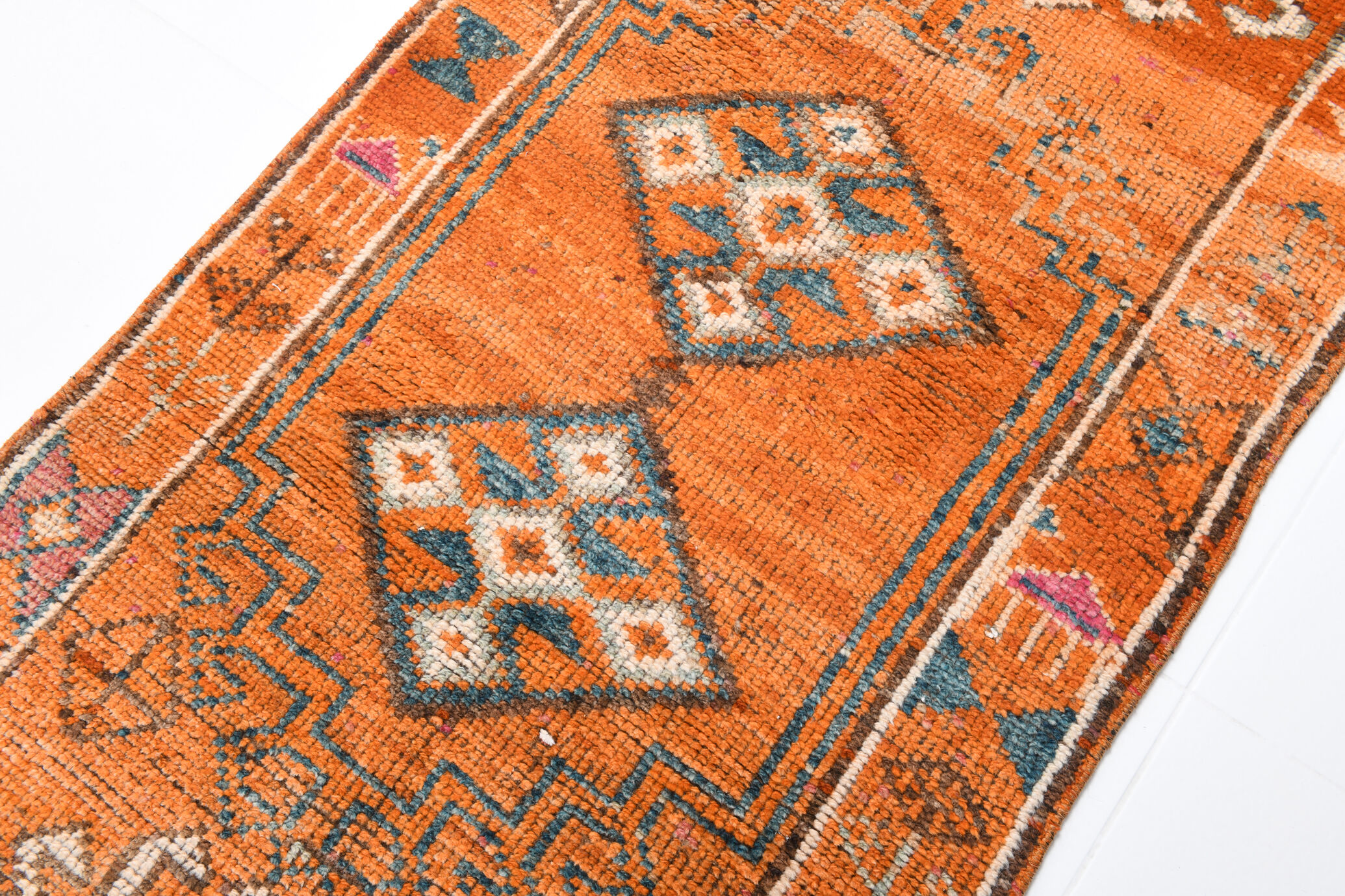 3x12 orange & beige long turkish vintage runner rug 387x87cm