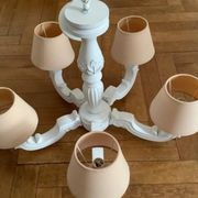 White painted wooden chandelier with 5 arms and lampshade