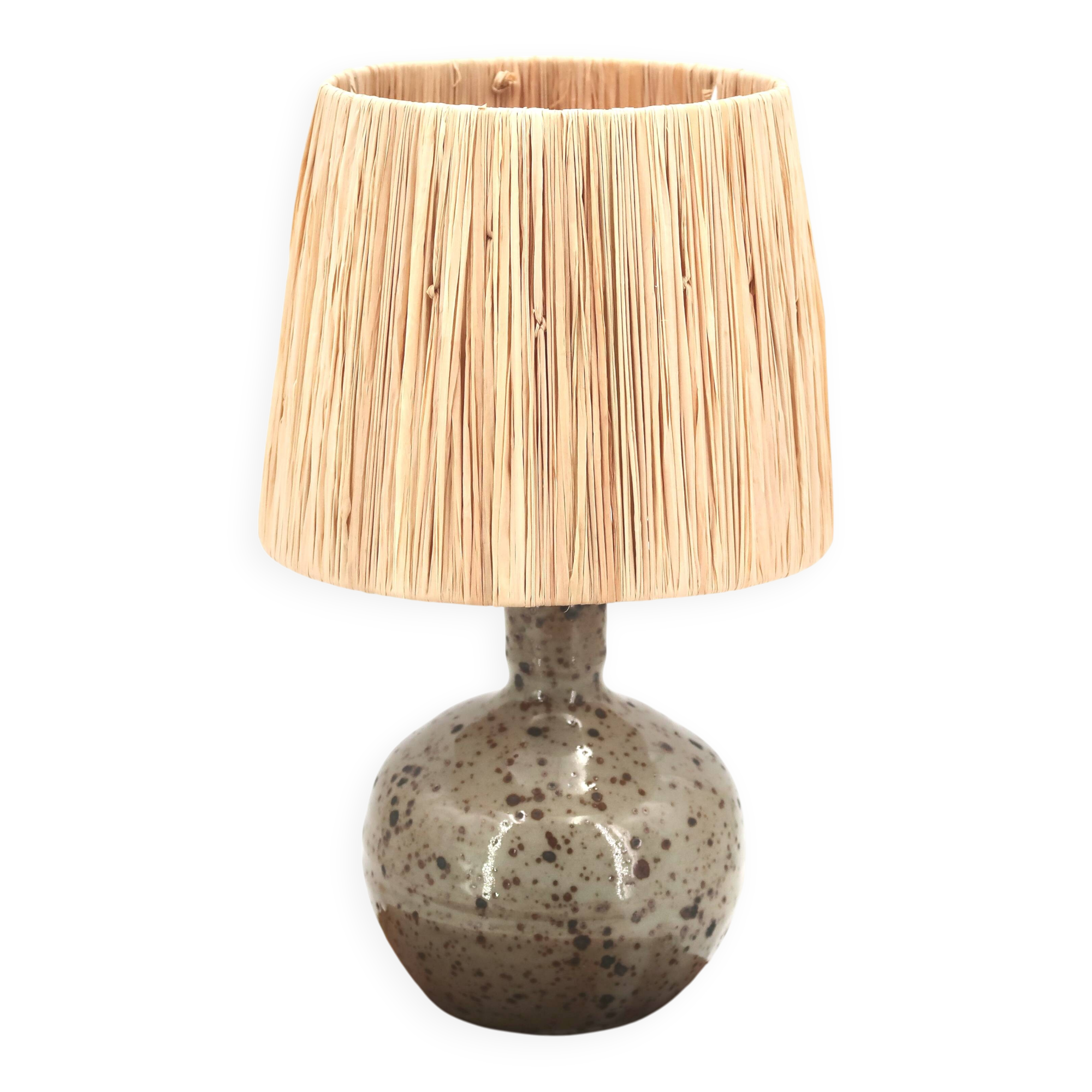 Guy Baudat stoneware ceramic ball lamp, raffia lampshade, 1970s