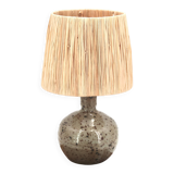 Guy Baudat stoneware ceramic ball lamp, raffia lampshade, 1970s