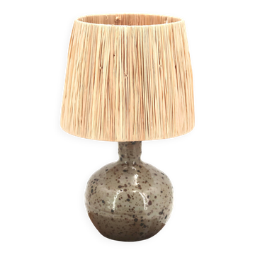 Guy Baudat stoneware ceramic ball lamp, raffia lampshade, 1970s