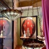 Italian Art Nouveau Hanging Bowl Pendant Lamps or Planters in Hand-Hammered Brass, 1890s, Set of 2