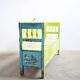 Old painted pine bench in multicolour, 180 cm long, high back, original paint.