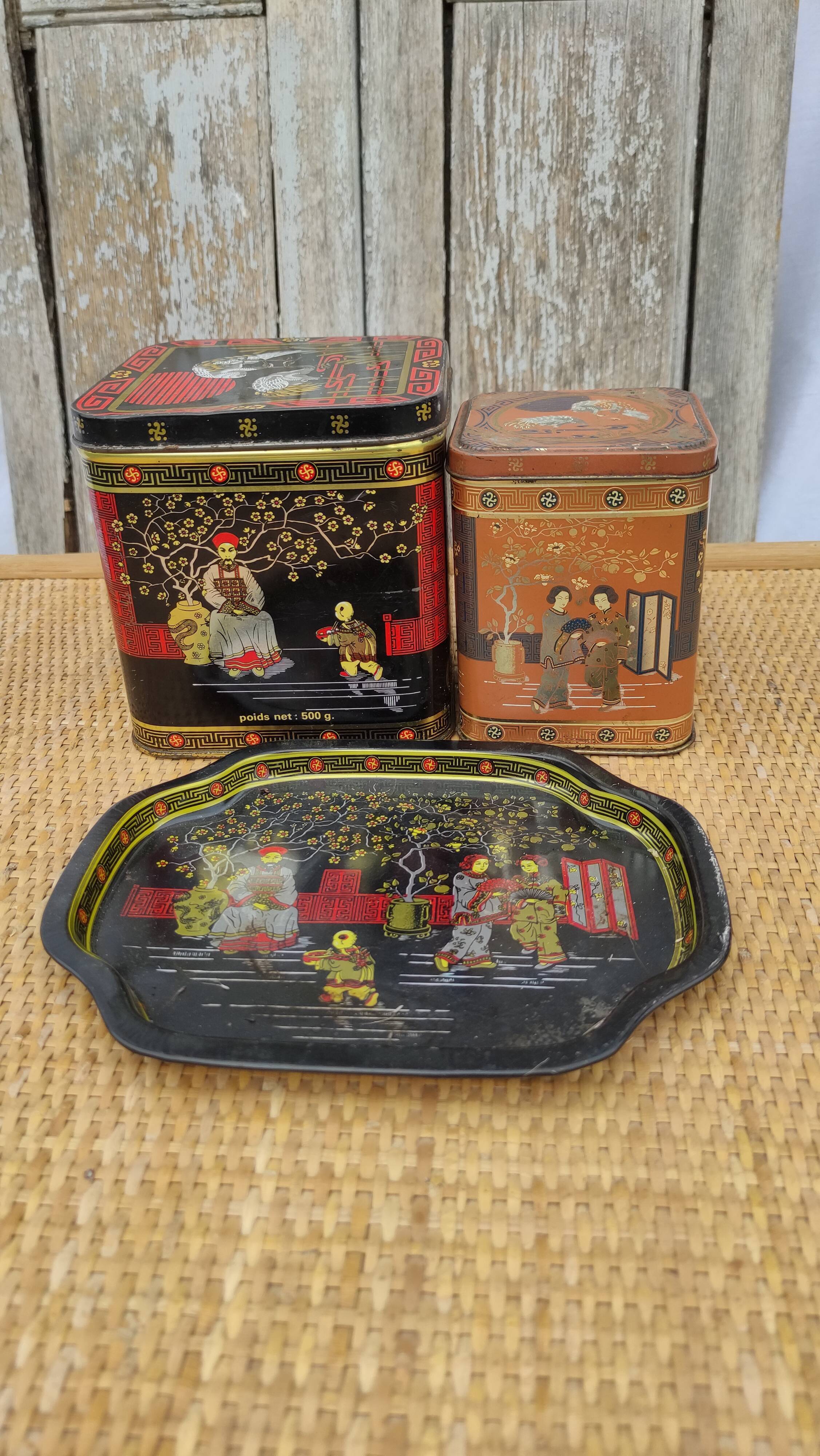 Vintage white metal tea boxes