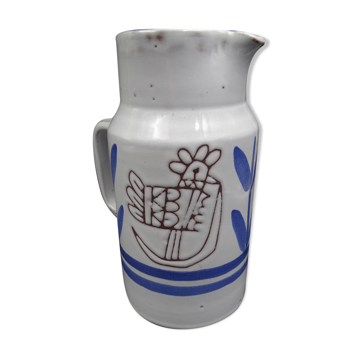 Enamelled terracotta pitcher, bird decoration engraved by Michel Barbier, Vallauris circa 1970