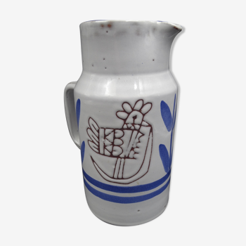 Enamelled terracotta pitcher, bird decoration engraved by Michel Barbier, Vallauris circa 1970