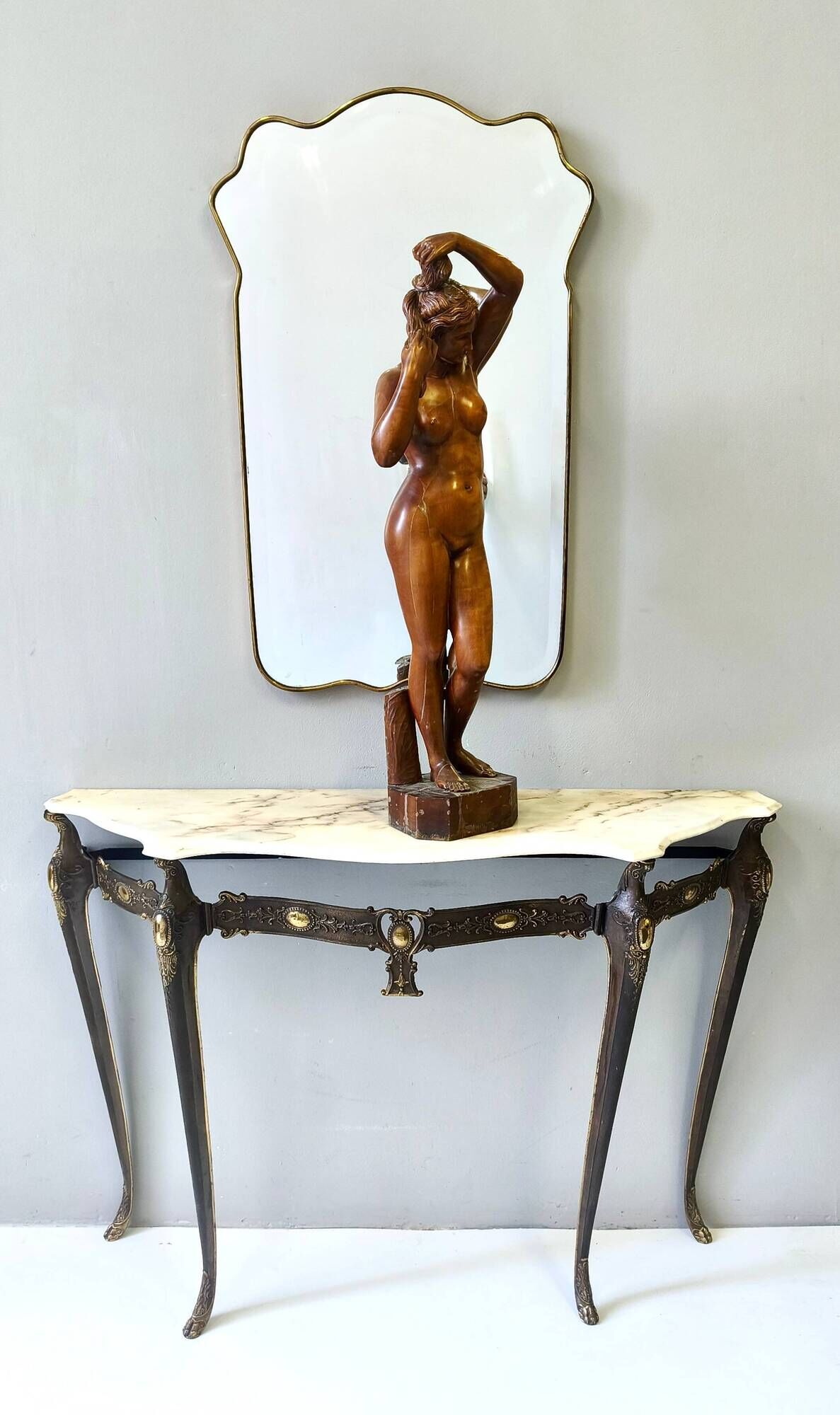 Vintage Shield Shaped Wall Mirror with Brass Frame and Beveled Glass, Italy