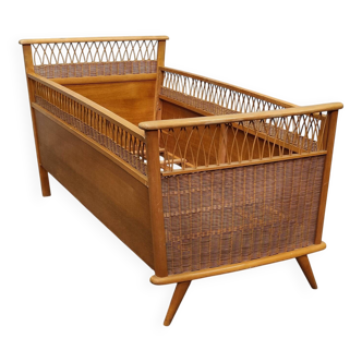 70s rattan and wood children's bed