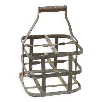 Old bottle holder basket, metal, vintage
