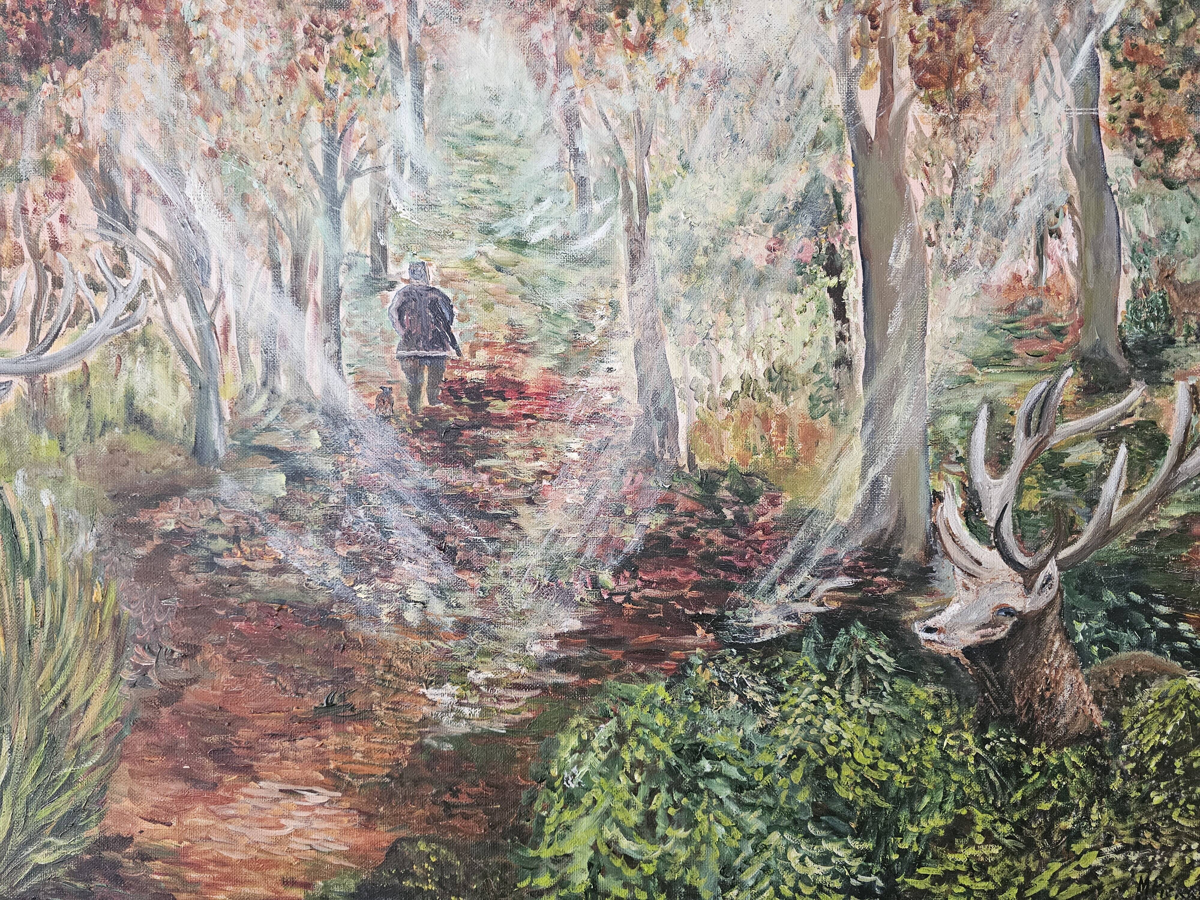 Oil on Canvas Painting Landscape Forest Hunting Scene signed M Pierret