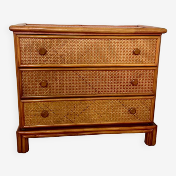 Old vintage Maugrion chest of drawers in wood and rattan for Roche Bobois 1970s vintage