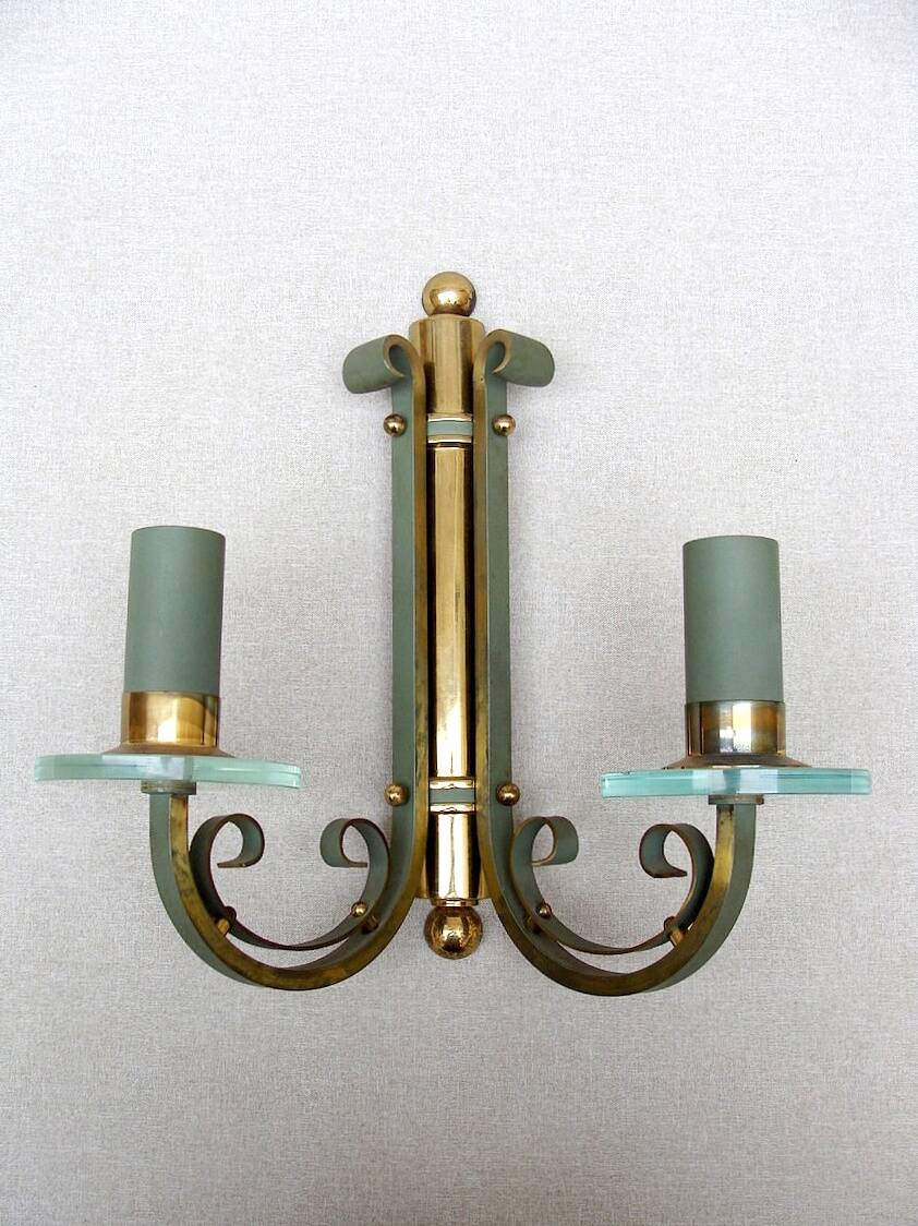 Pair of art deco lacquered metal, brass and glass wall lights