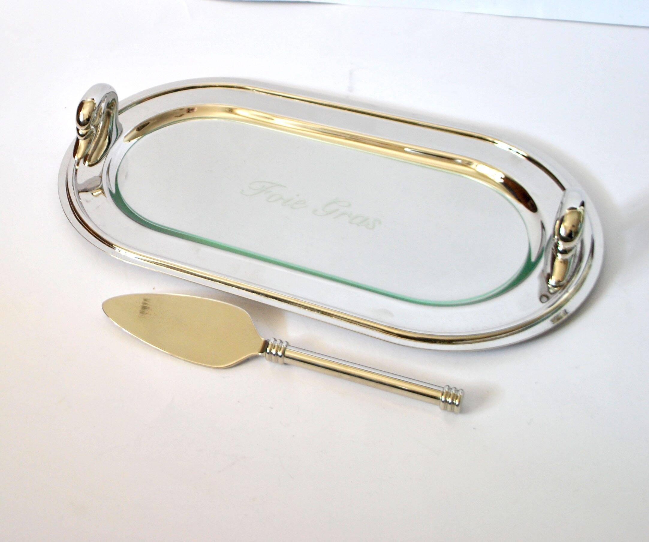 Vintage silver-plated foie gras platter with goose head decoration and serving spatula.