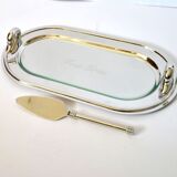 Vintage silver-plated foie gras platter with goose head decoration and serving spatula.